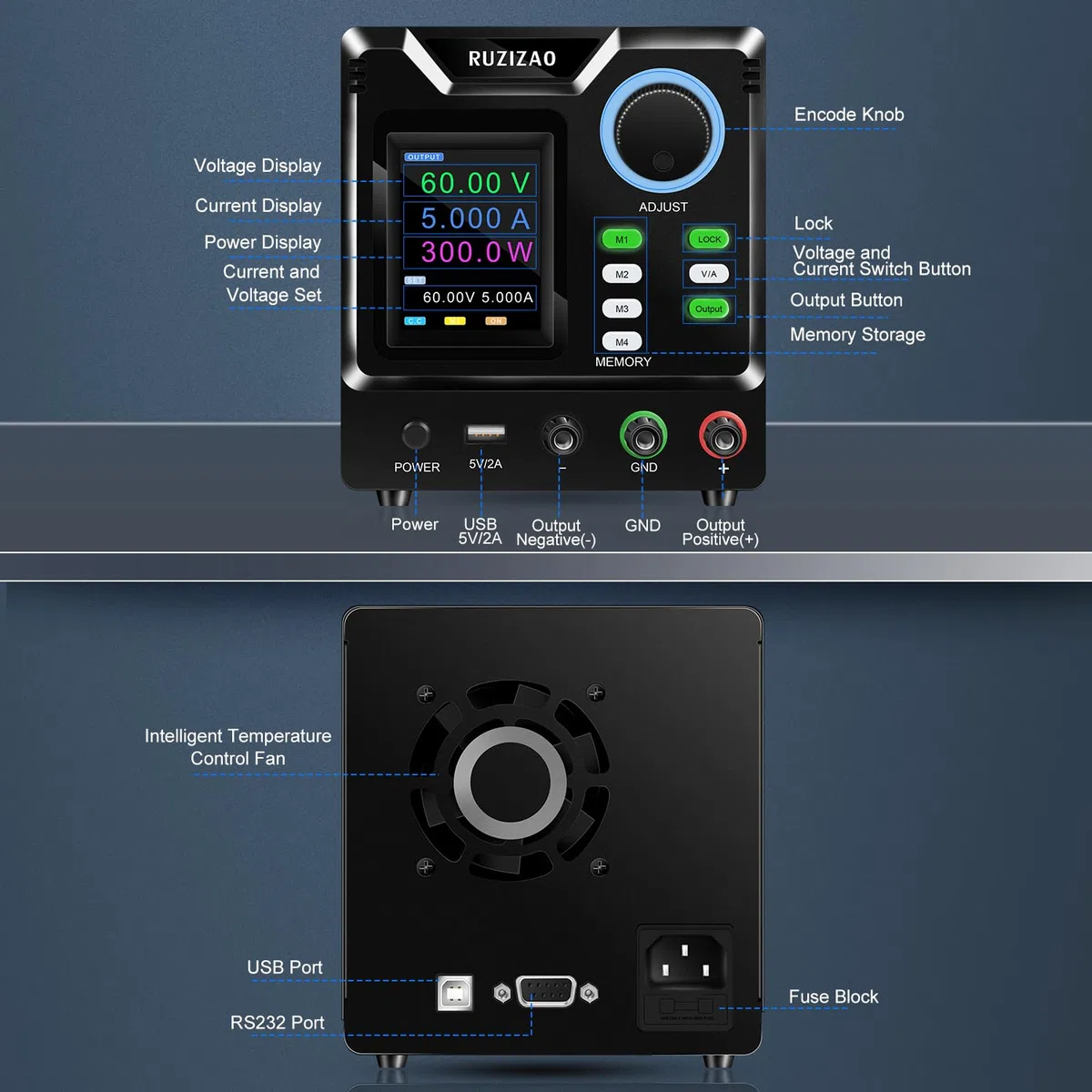Alimentatore da Banco Programmabile 60V 5A, Alimentatore da Laboratorio con Memoria/OUTPUT/Encoder, Alimentatore Regolabile Variabile con Software, Pulsante di Blocco e Porta di Ricarica USB