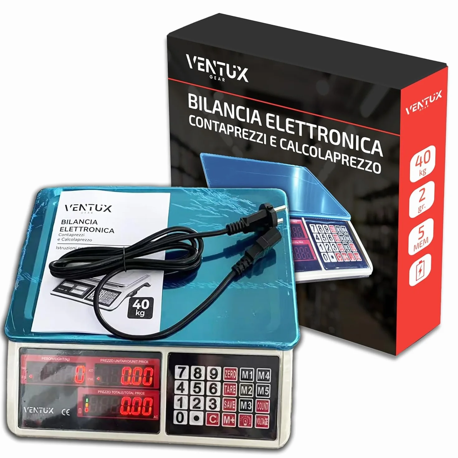 Bilancia Elettronica - 40kg - Con Display LED e Tastiera Numerica - Bilancia Professionale Digitale - Bilancia Elettronica Frutta con Calcolo Automatico Prezzo