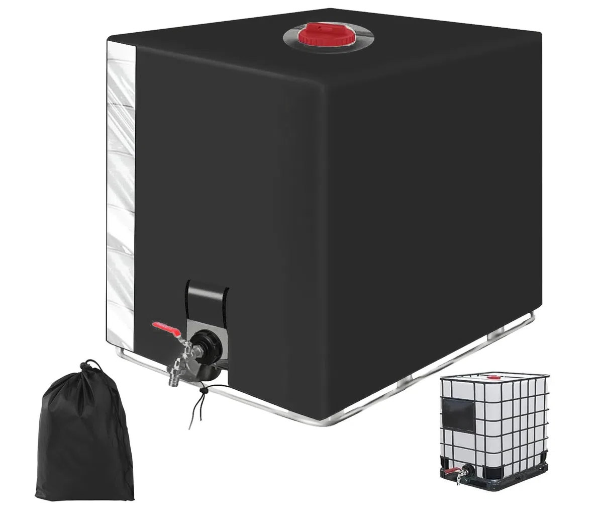 Serbatoio Acqua 1000 litri IBC, Cisterna Acqua 1000 litri 120 x100 x116 cm, Con pellicola trasparente per il serbatoio dell'acqua, Borsa di stoccaggio in tela (Nero)