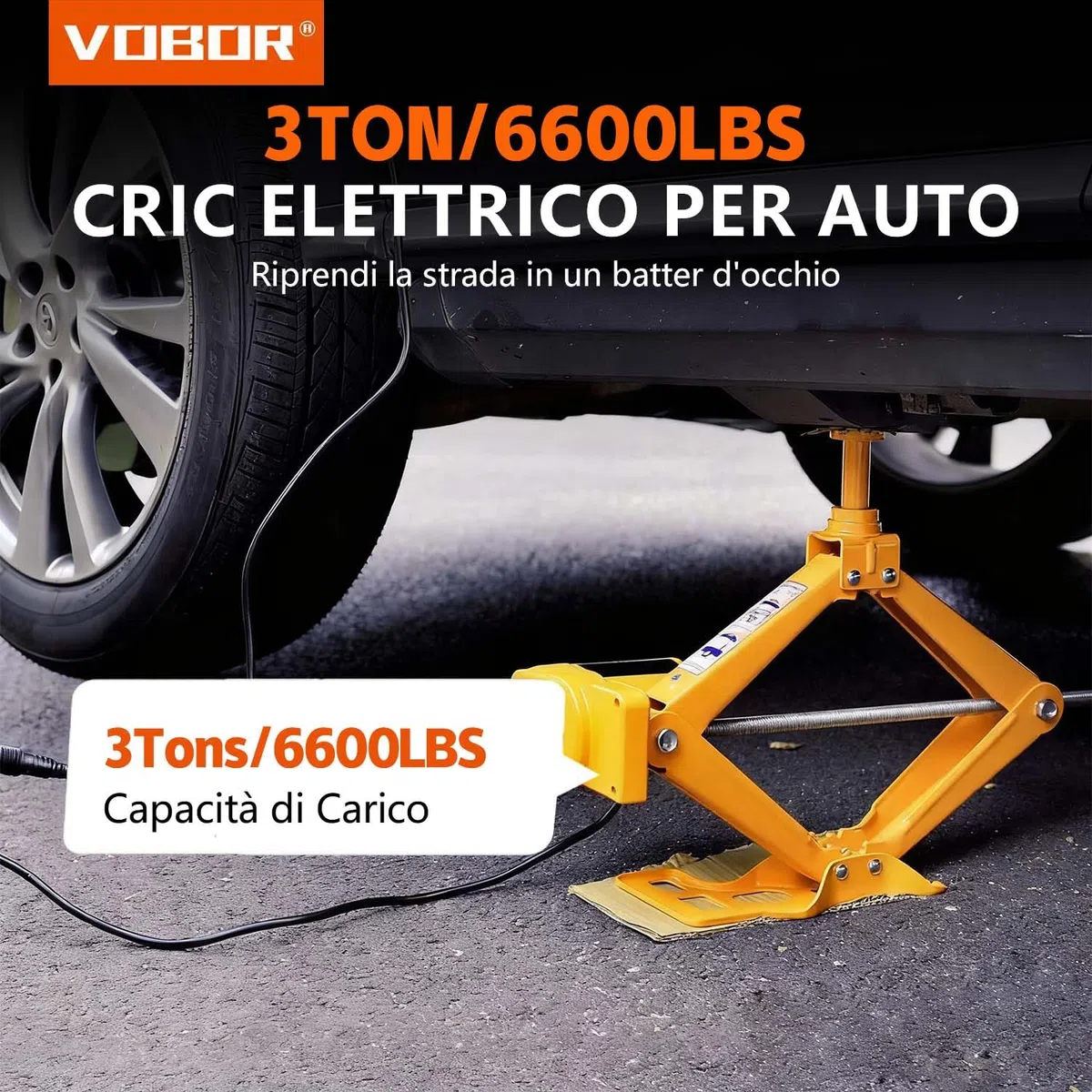 VOBOR Cric Idraulico Elettrico, 3Ton 12V DC Settore Automobilistico Martinetto con Chiave Elettrica per Auto SUV Furgone Garage e Attrezzature di Emergenza