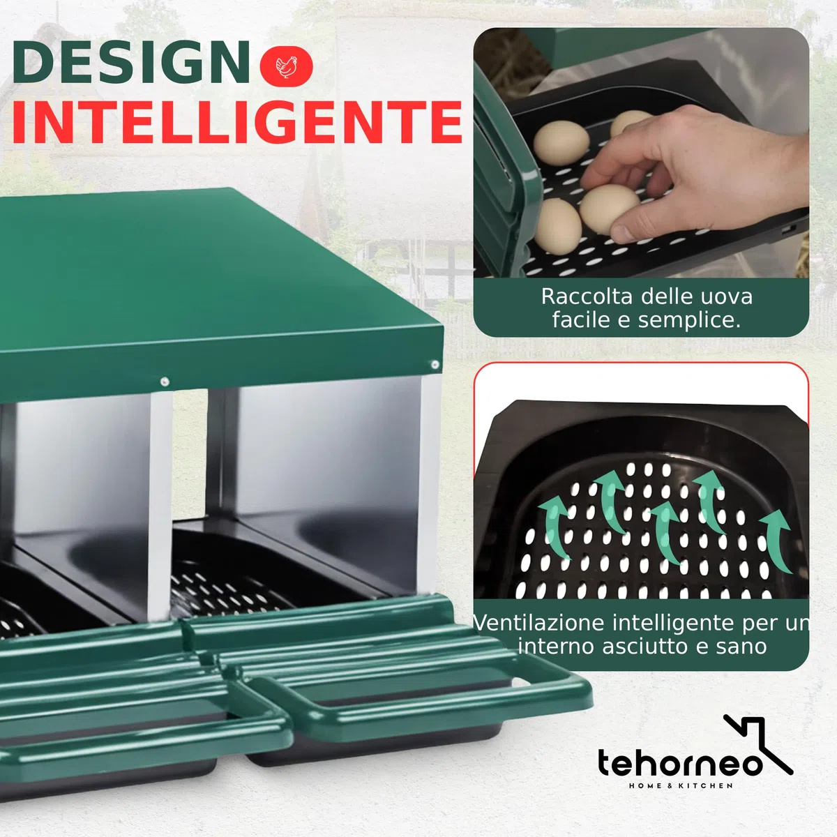 TEHORNEO Nido per Galline, Nido per Galline Ovaiole 81x51x47 cm Acciaio Zincato e 3 Scomparti, Cassetta per Deporre Uova Pollaio, Nidi per Galline Ovaiole, Adatto per 12-15 Polli
