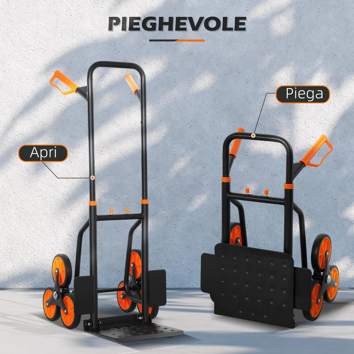 DURHAND Carrello Portapacchi per Scale 6 Ruote, Carrello Pieghevole, Portata 120kg, Carrello con Ruote Portatutto, Telaio Acciaio, Maniglia in PP, per Trasloco, Giardinaggio, Oggetti Pesanti Arancione