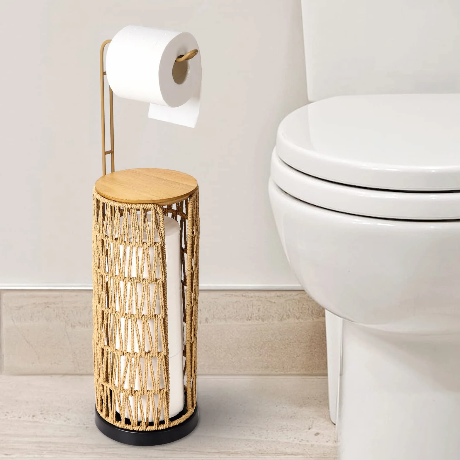Porta carta igienica in piedi con ripiano Boho nero per quattro rotoli