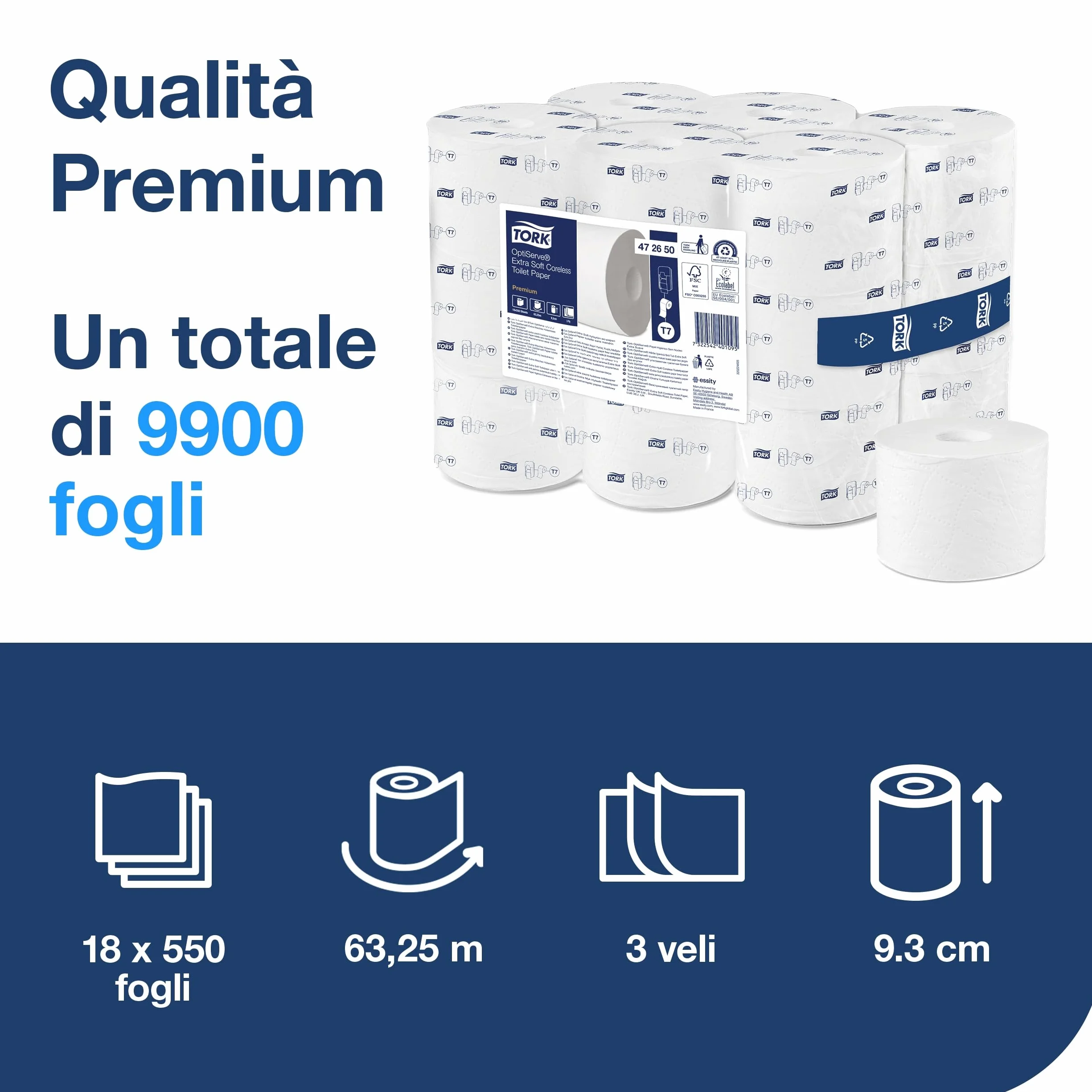 Tork OptiServe Extra Soft Coreless Toilet Paper Bianco T7, 3 Ply, 18 x 550 Sheets