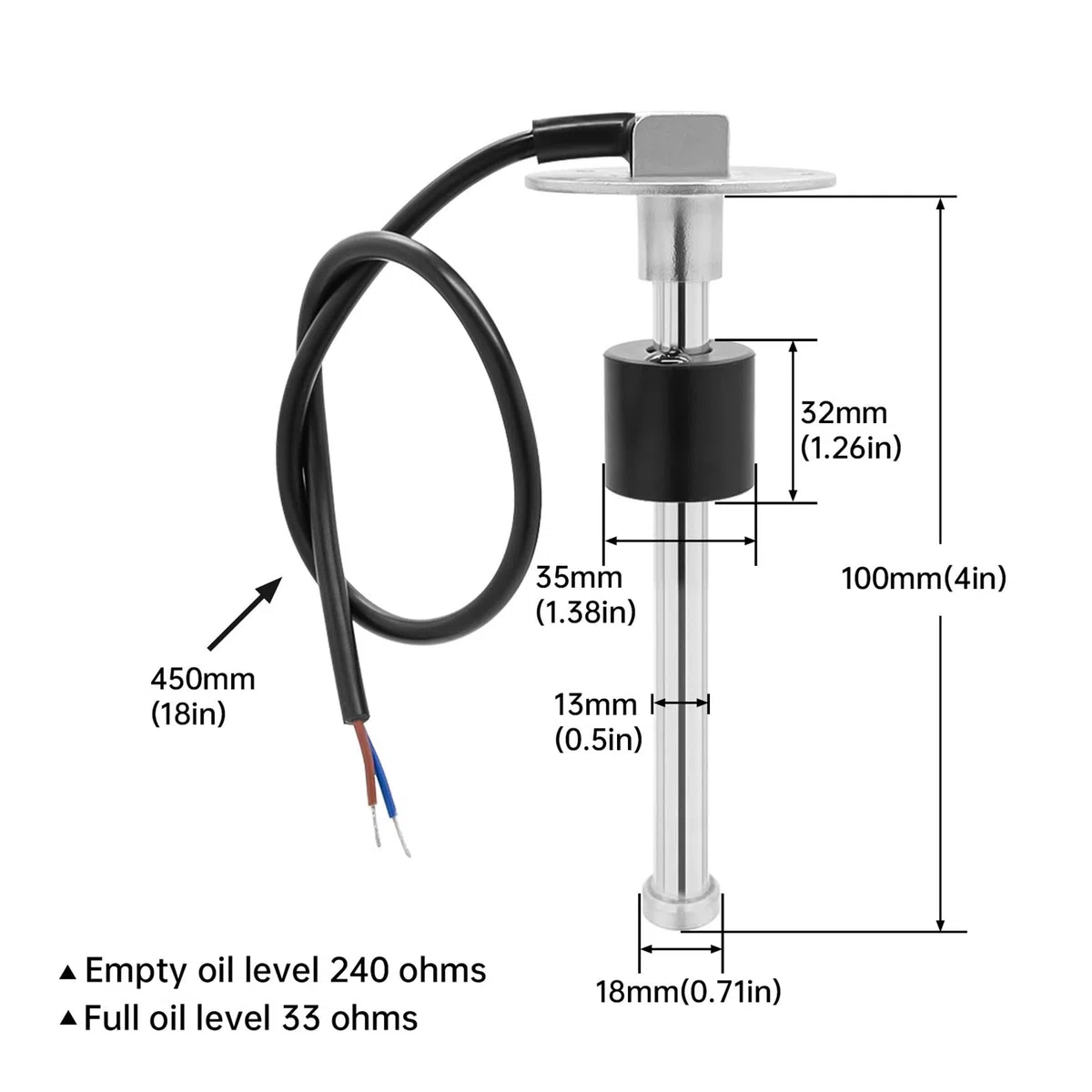 240-33 Ohm Sensore livello acqua/carburante Misura serbatoio olio benzina universale carburante in acciaio inossidabile,Monitor preciso(325mm)