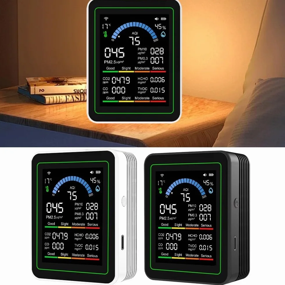 Monitor WiFi Qualità dell'Aria 10 in 1 Tuya Rilevamento CO HCHO PM2.5 PM1.0 PM10 PM0.3 Sensore Temperatura Umidità Tester Aria Interna Nero