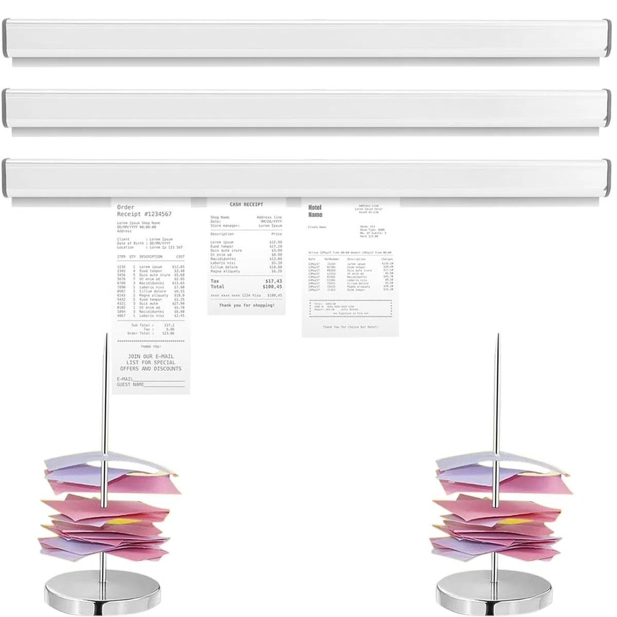 3 supporti per bonus da 40 cm, autoadesivi, per gastronomia, 2 pezzi, con punte e base in metallo, per cucina, hotel, bar, ufficio, biglietti