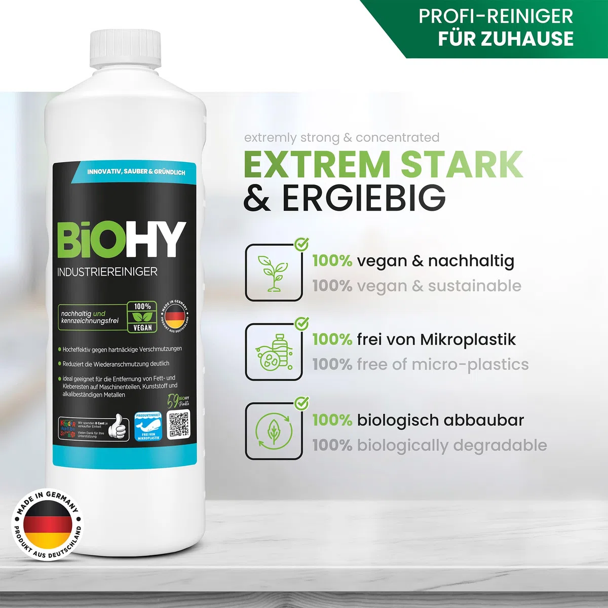 BiOHY Detergente industriale (Lattina da 10 Litri) | detergente per officina | contro grassi e oli | ideale per metallo, plastica, vetro, utensili senza schiuma e striatura (Industriereiniger)
