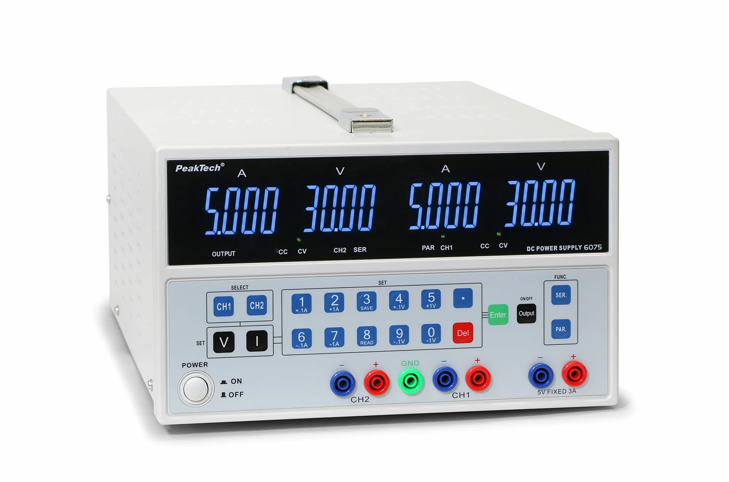 PeakTech - Alimentatore da laboratorio digitale doppio, 0-30 V / 0-5 A DC con USB, stabilizzato, lineare, 1 mA e risoluzione 10 mV, senza ventola, 1 pezzo, P 6075