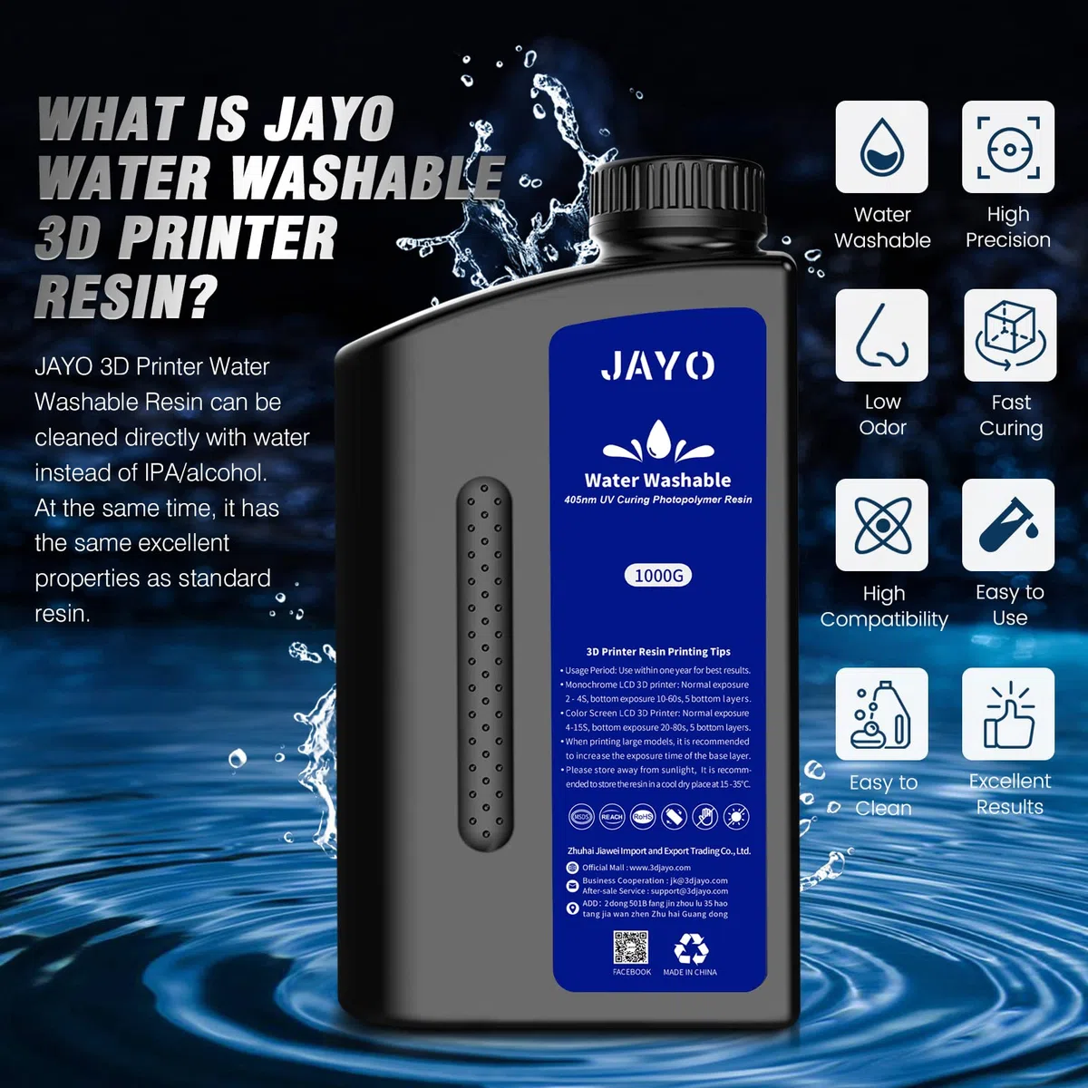 JAYO Resina per stampante 3D lavabile in acqua da 2 kg, resina 3D a polimerizzazione rapida per stampante 3D LCD/DLP/SLA 4K/6K/8K, resina standard a polimerizzazione UV 405nm, 2000g, Grigio Scuro