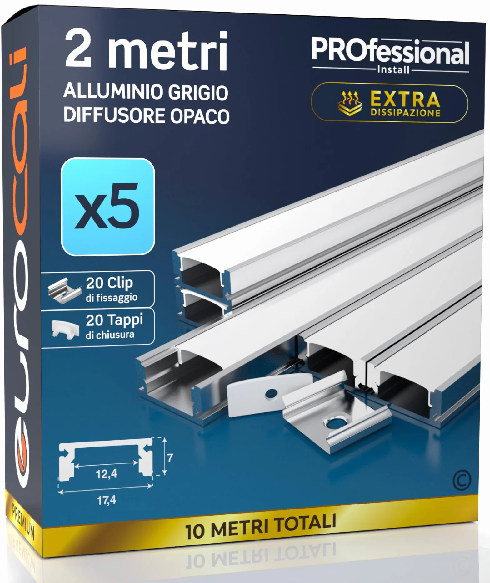 Eurocali Profili Alluminio 2m 10mt Strisce LED Schermatura Opaca 12.4mm 17.4x7