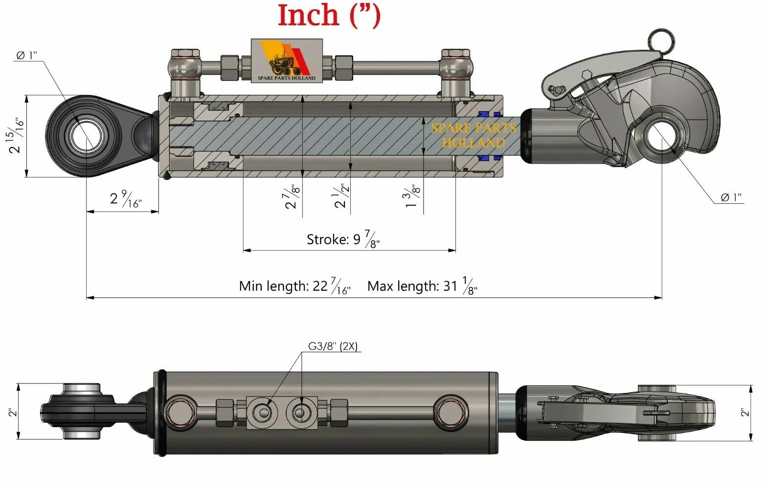 Terzo punto idraulico per trattore CAT 2 + 2 ganci gancio 250 mm Corsa blocco di bloccaggio con completo di tubi