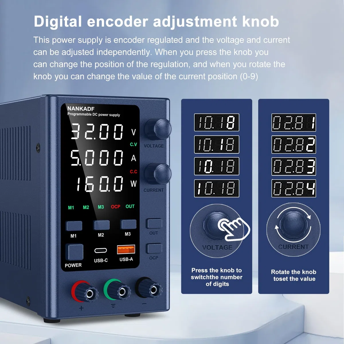 Alimentatore da Banco 0-32V/0-5A, Alimentatore da Laboratorio Regolato ad alta Precisione Display a LED a 4 cifre, con Controllo Encoder e Memoria dati