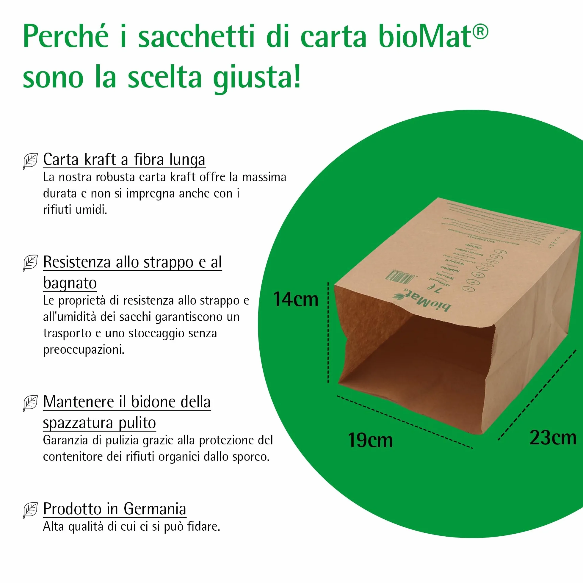 bioMat Sacchetti di Carta Compostabili da 7l per Umido, 120 Sacchetti Kraft, Resistenti all'Umidità, Made in Germany