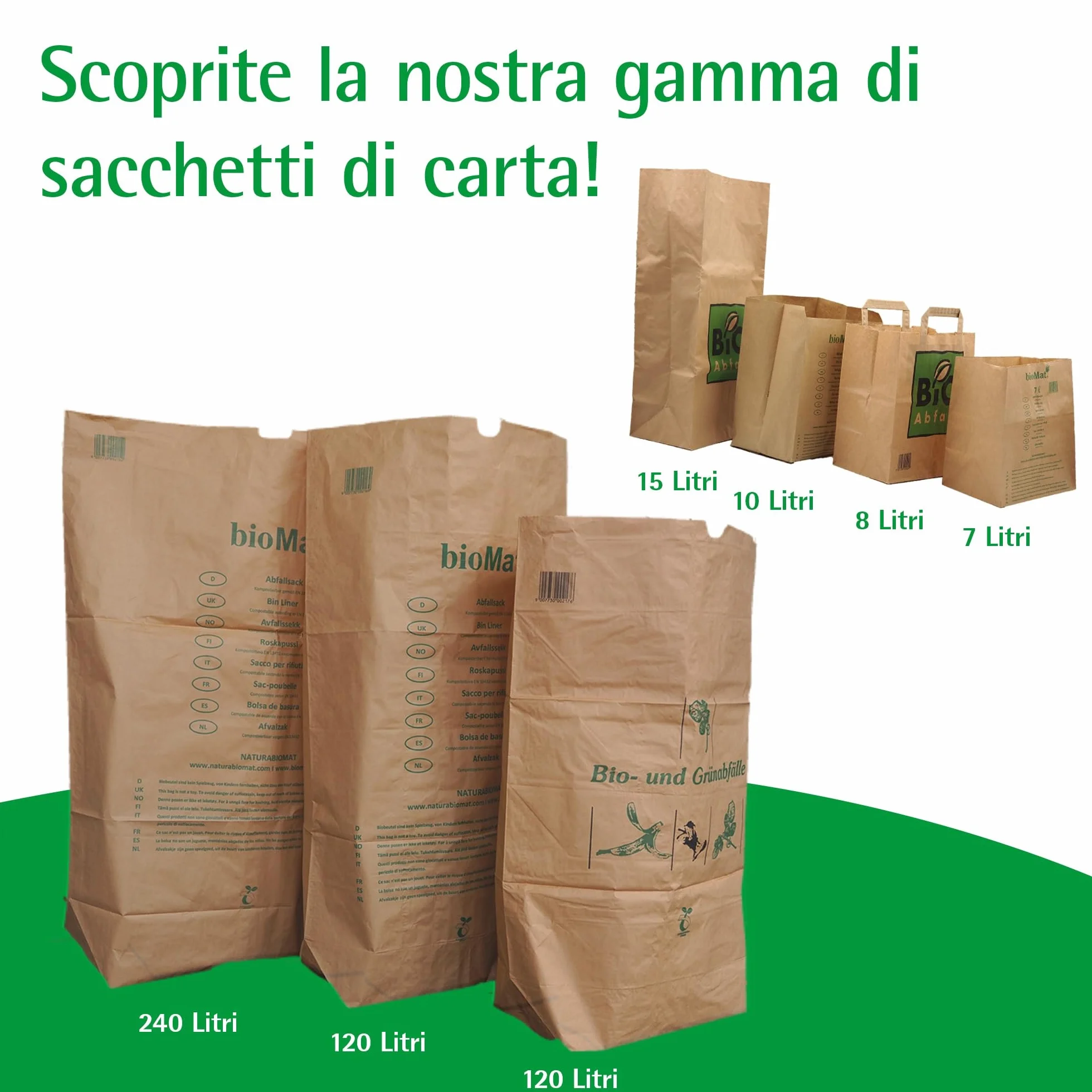 bioMat Sacchetti di Carta Compostabili da 7l per Umido, 120 Sacchetti Kraft, Resistenti all'Umidità, Made in Germany