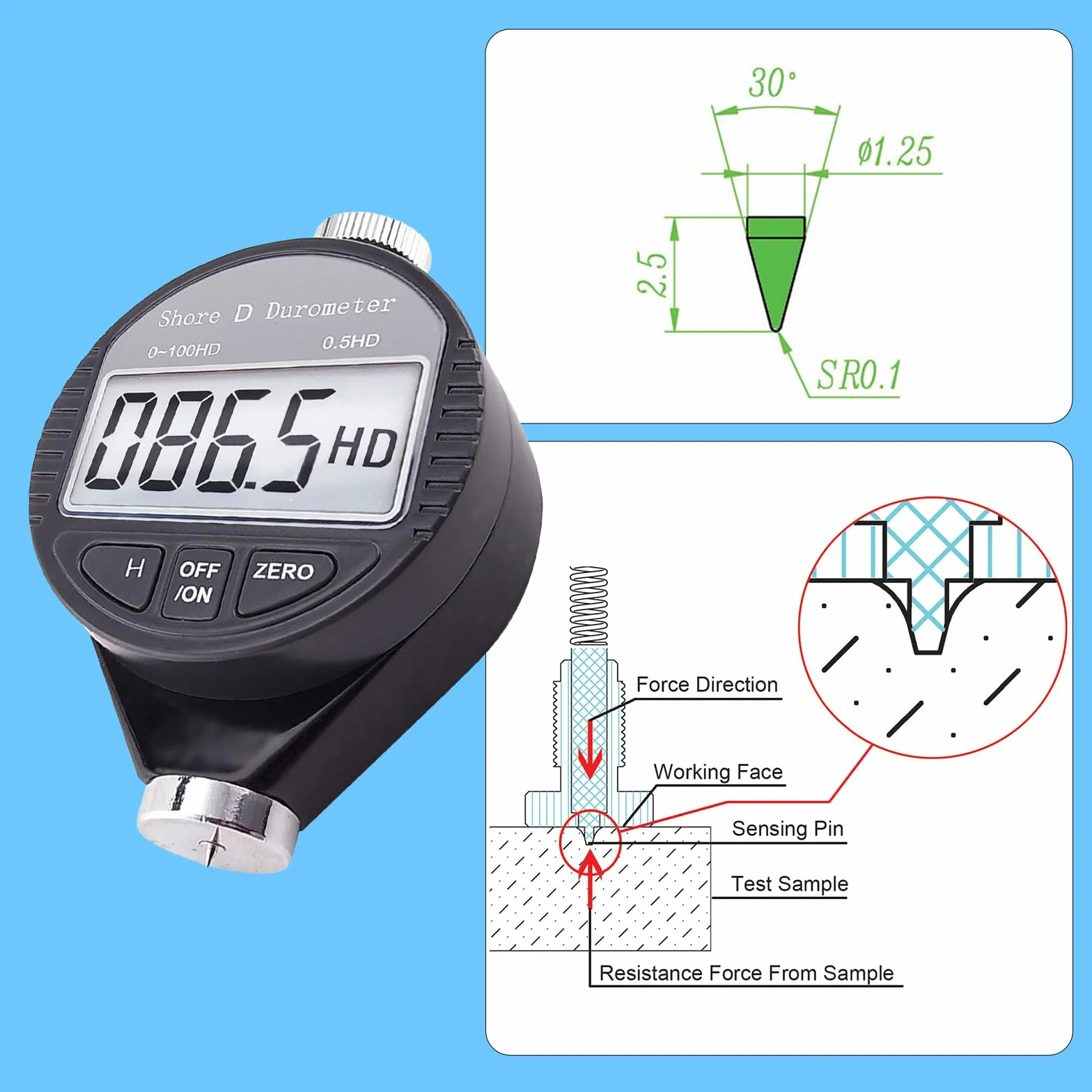 Digitale Palmare Shore D Gomma Plastica Durezza Tester 0-100HD Durometro con Data Hold e Auto Calibrazione