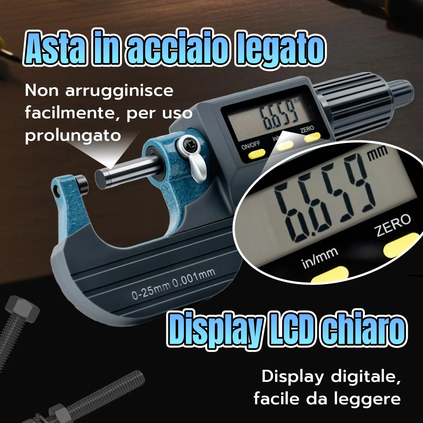 Micrometro Digitale 0-25mm Calibro Micrometrico Esterno Display LCD Risoluzione 0,001mm Conversione Metrica/Pollici