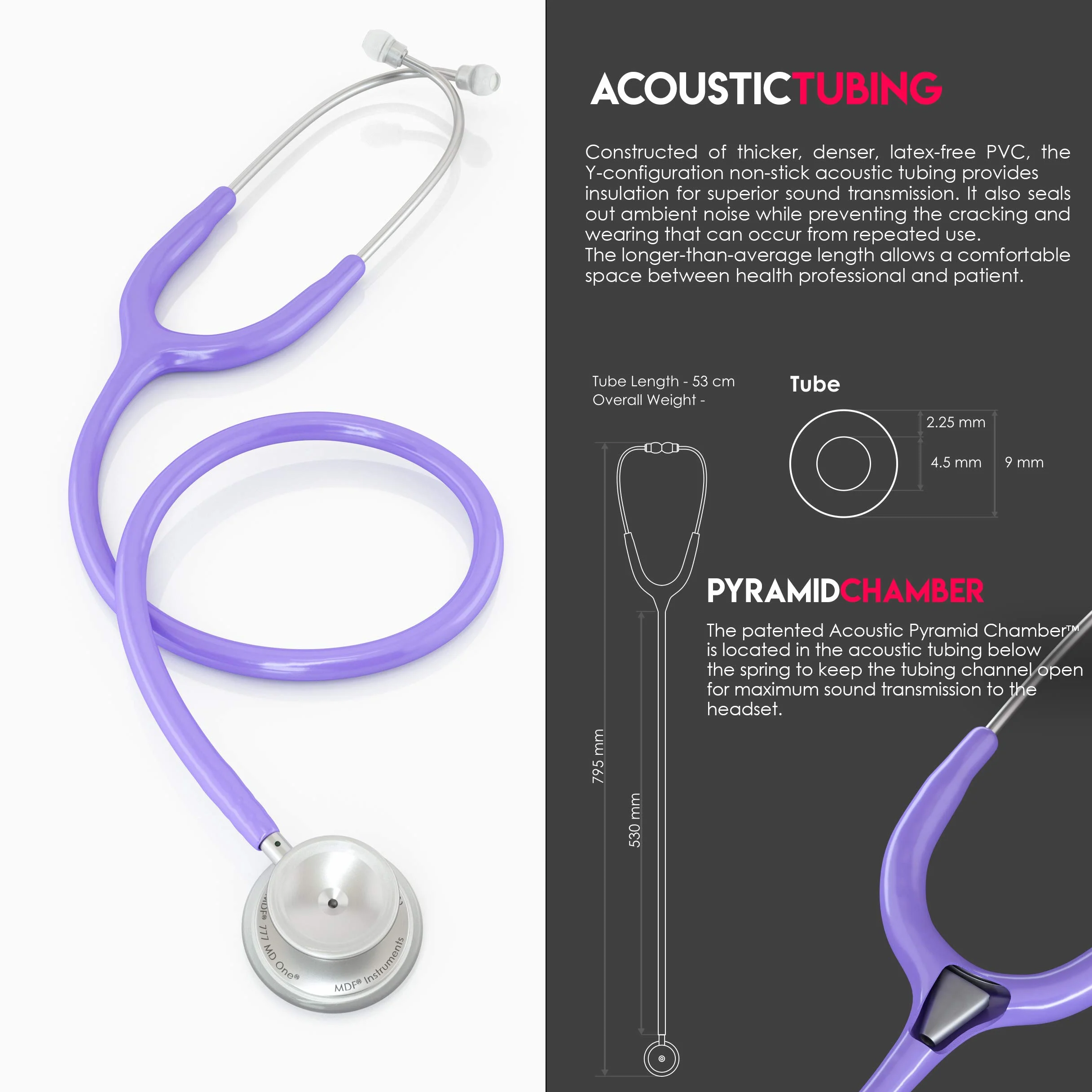 MDF Instruments, MD One Stetoscopio in Acciaio Inossidabile, Adulto, Tubo Viola Pastello, Garanzia a 30 anni, Testine/Argento, Modello MDF77707