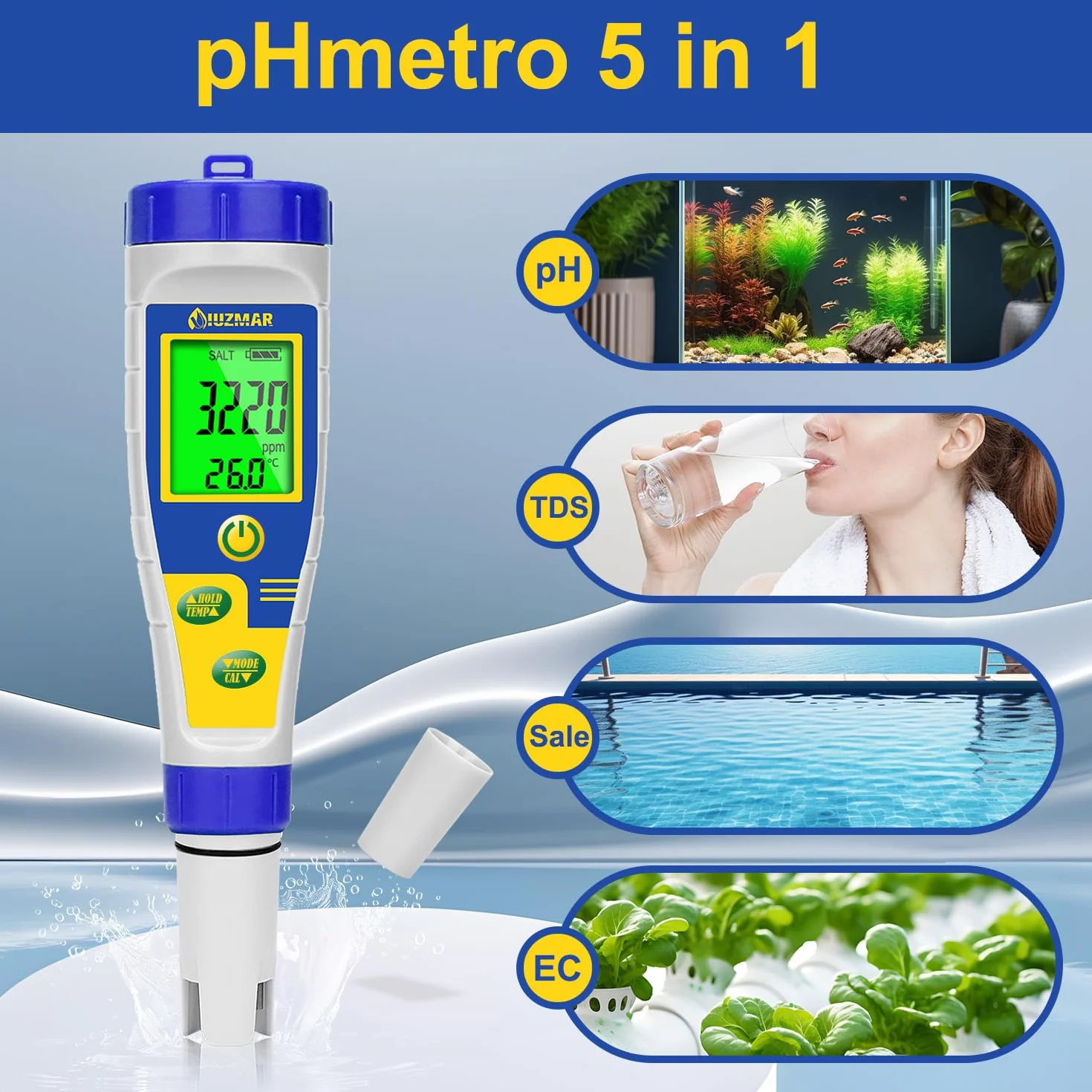 UIUZMAR Misuratore Salinità Acqua Piscina 5 in 1 pH Sale EC TDS Temp Digitale