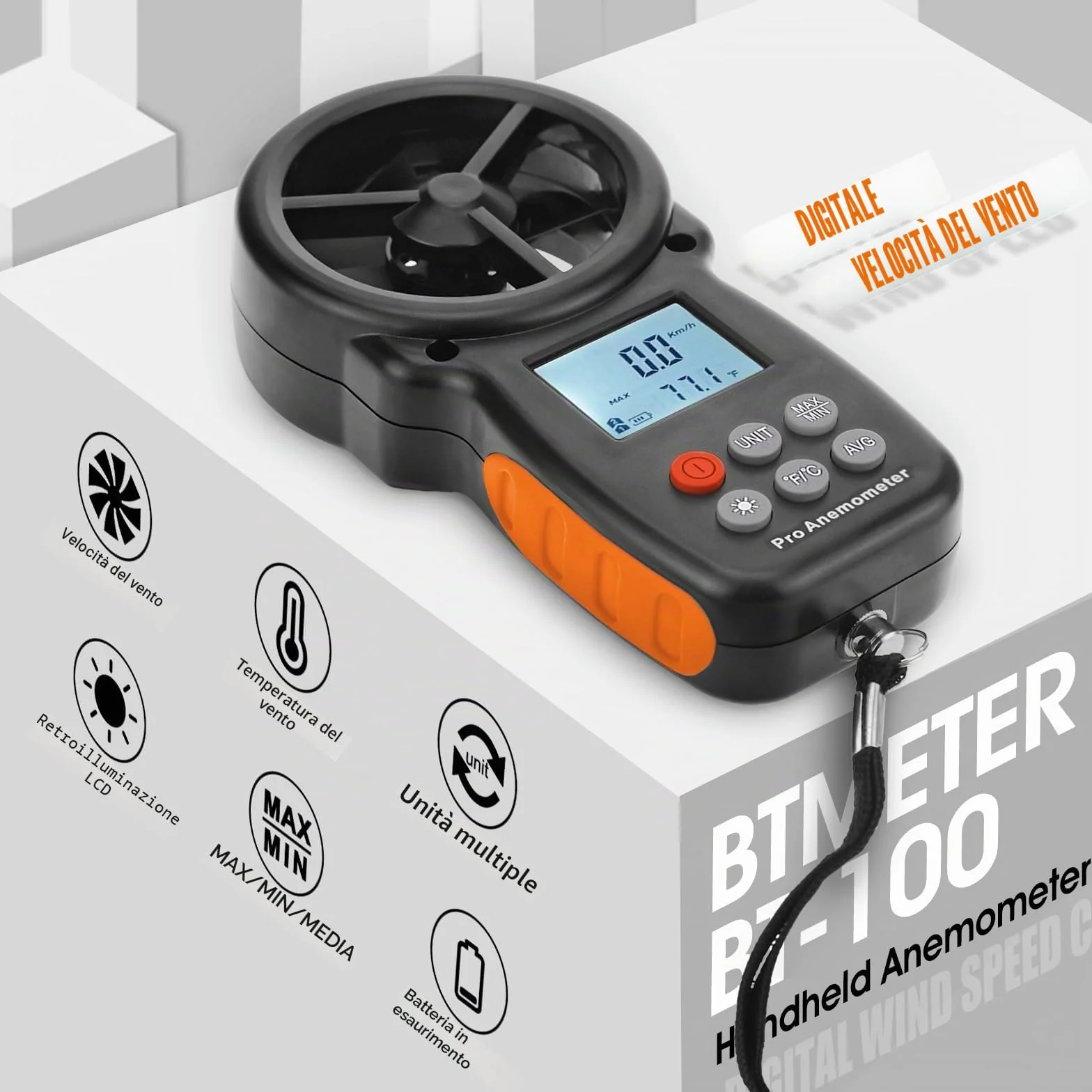 BTMETER BT-100 Anemometro digitale portatile misuratore velocità vento CFM MAX/MIN/AVG LCD