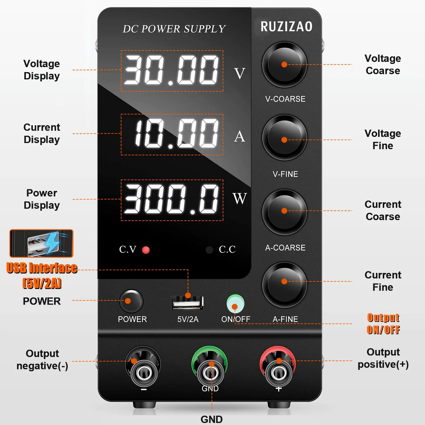 Alimentatore da Banco 30V 10A Alimentatore da Laboratorio DC Regolabile Stabilizzato Display LED a 4 Cifre Porta USB 5V/2A