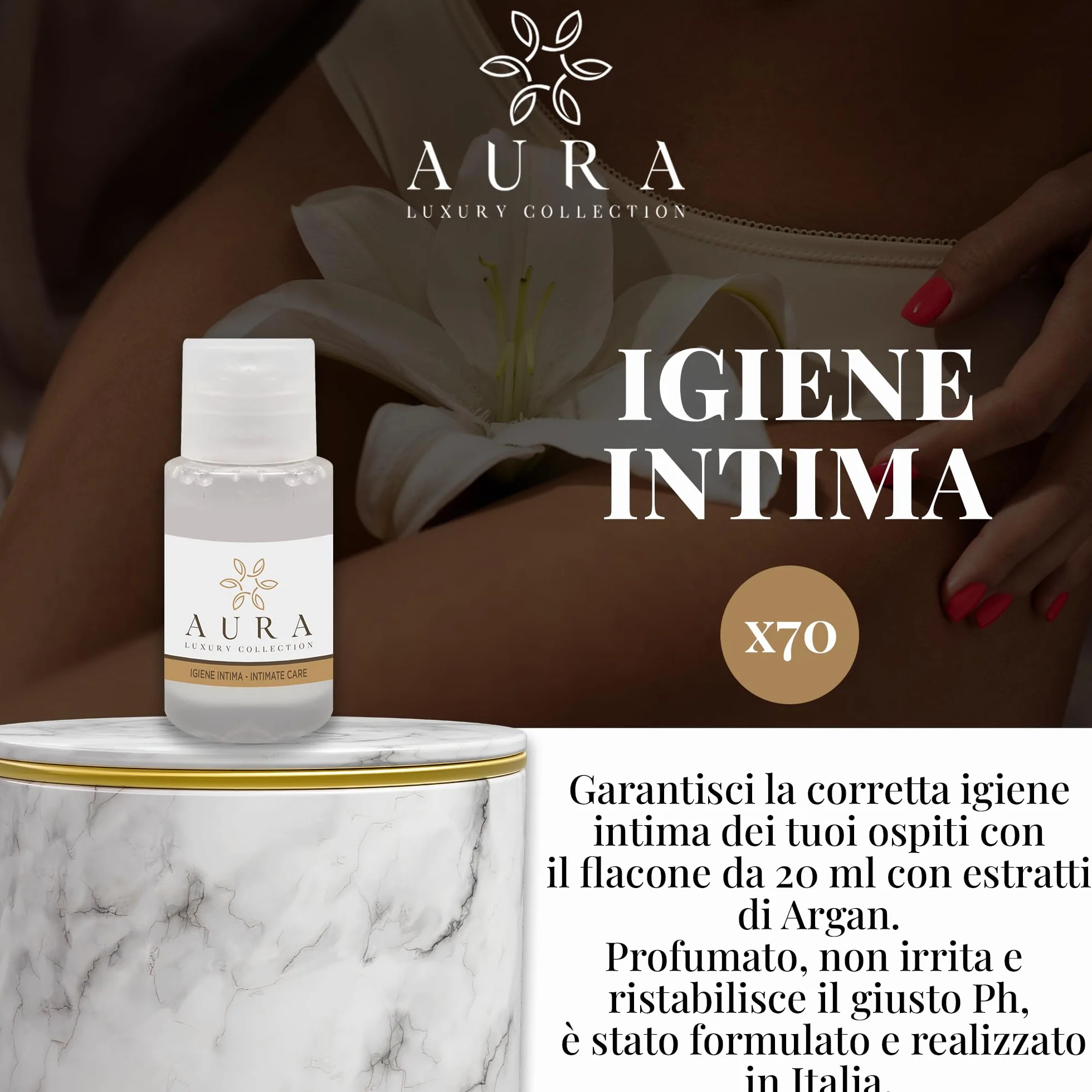 Aura Luxury Collection Kit Cortesia 250 pezzi: 70 flaconi doccia shampoo, 70 flaconi igiene intima, 40 cuffie, 50 bicchieri cartoncino imbustati, 20 paia di pantofole + OMAGGIO 500 fasce garanzia WC