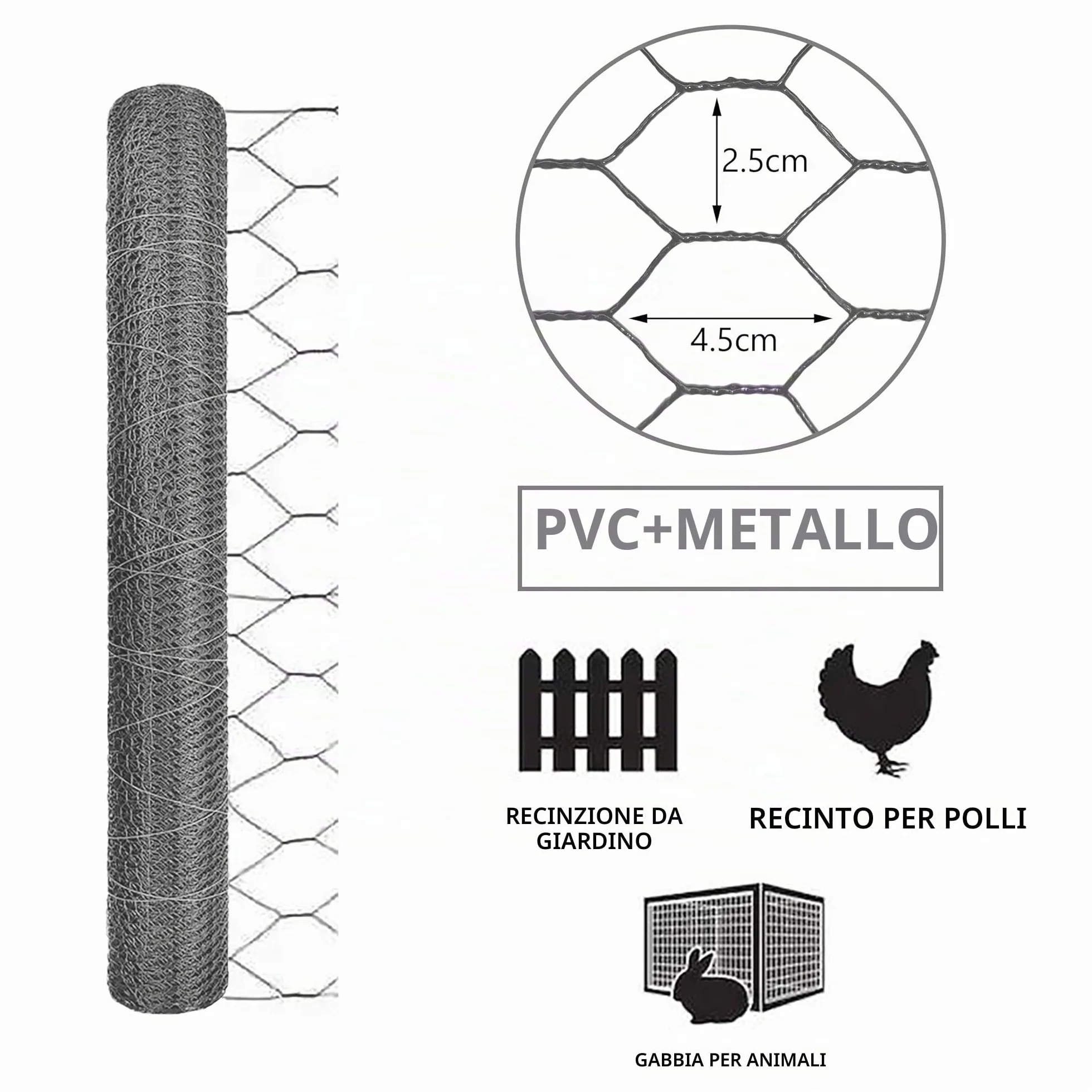 Rete Metallica Plastificata Maglia Esagonale 25mm 100cm x 25m Grigio