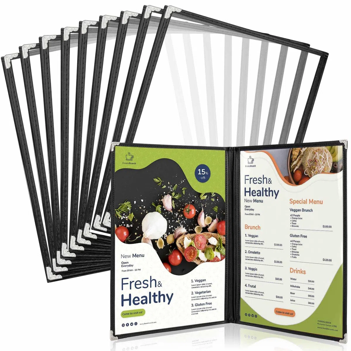 WenYa Copertine per menù in formato A4 a doppia piega (confezione da 10), 2 pagine e 4 visualizzazioni in stile americano, con bordi neri, trasparenti, pieghevoli, con protezioni angolari in acciaio