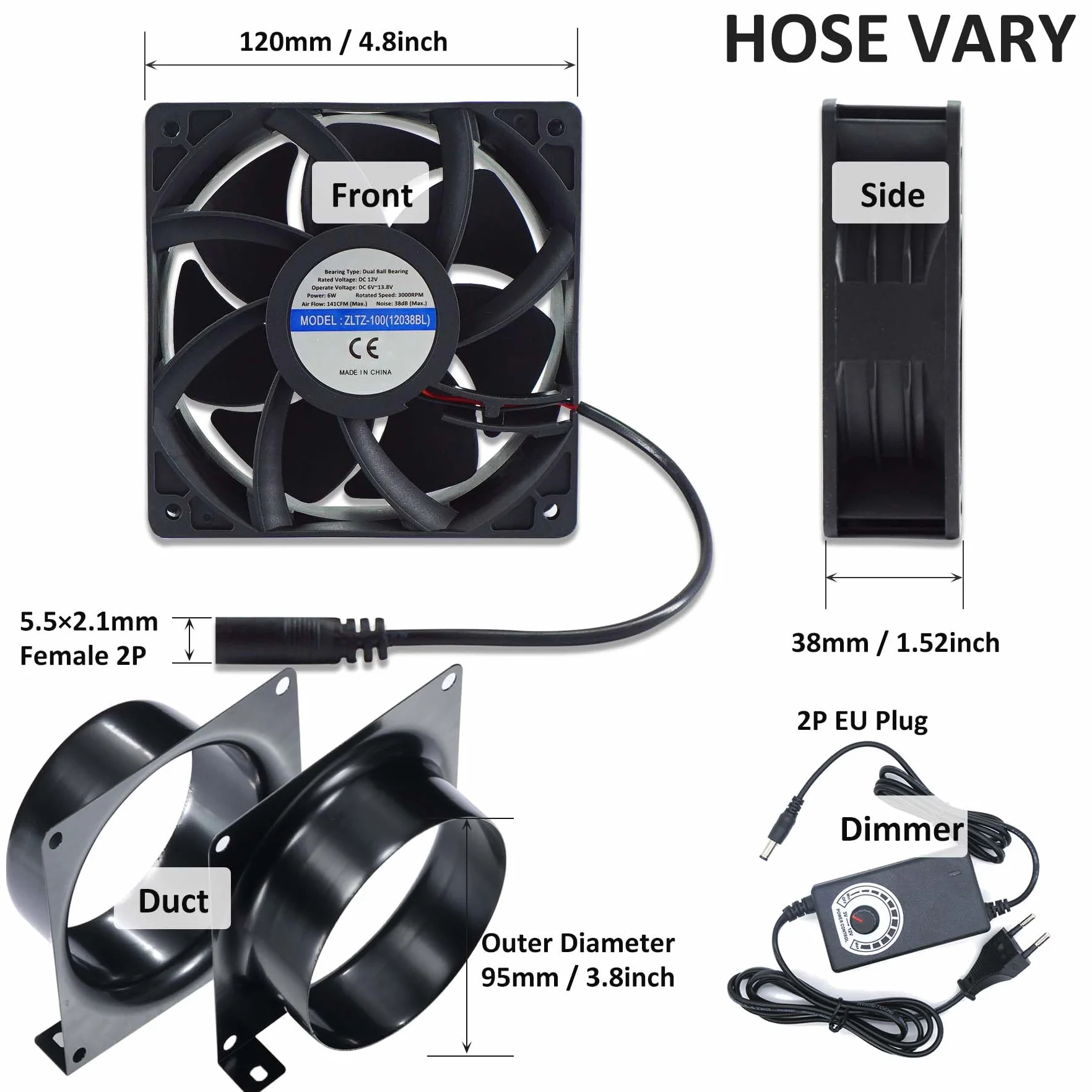 Ventilatore Assiale, 3000RPM 120 * 38mm DC Ventola di Scarico con Adattatore CA/CC, Dimmer Continuo per Laser 3D, Cabina di Verniciatura, Tenda da Coltivazione, Progetto fai da te… (Kit Spina EU Nera)