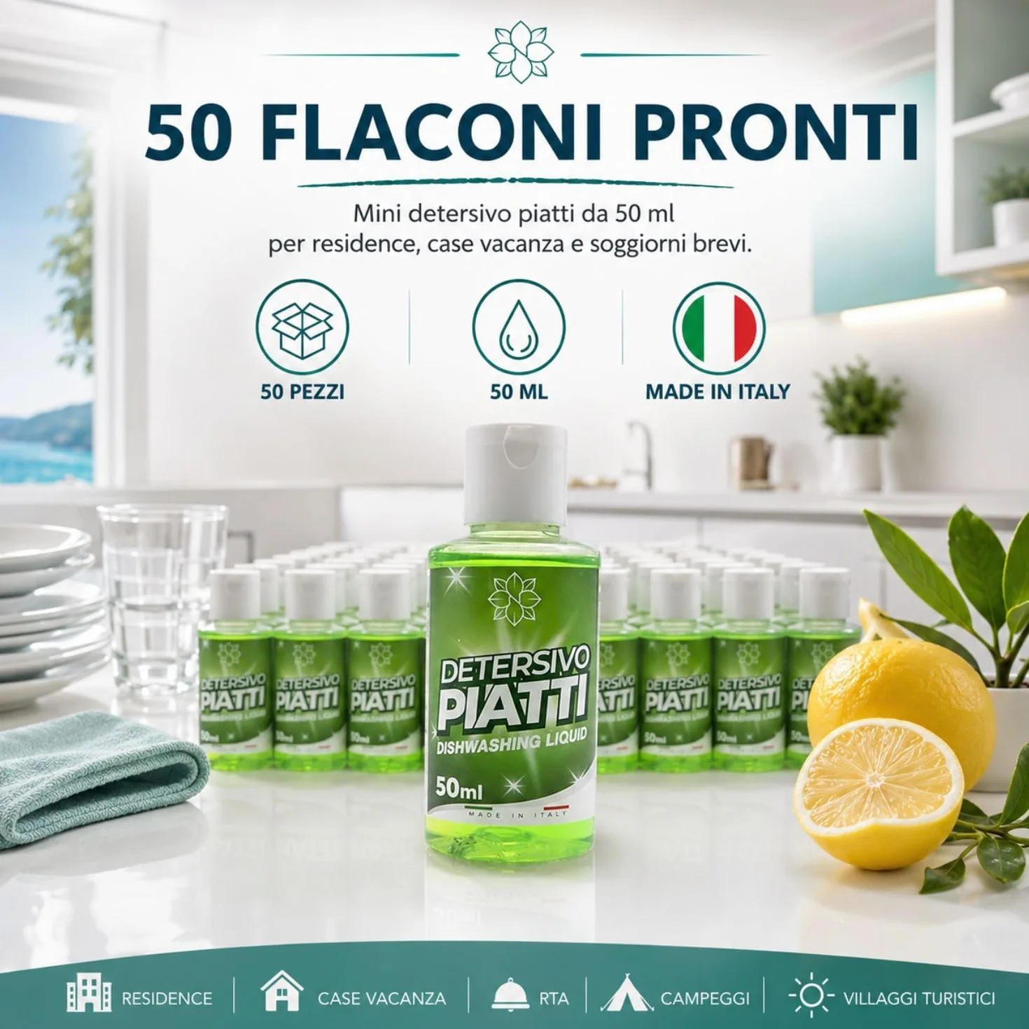 Detersivo piatti a mano per residence e case vacanza 50 flaconi da 50 ml, mini detersivo piatti al profumo di limone con tappo flip-top - Made in Italy