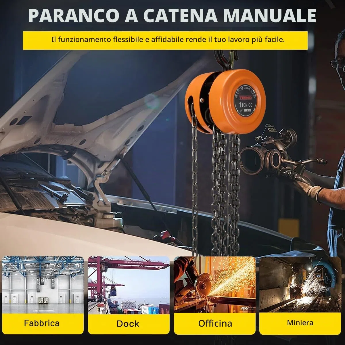 Paranco Manuale a Catena con Gancio Resistente TEENO, 1000 kg, 3,0 m di Sollevamento Max, Paranco a Catena Doppia Catena di Carico, Catena G80