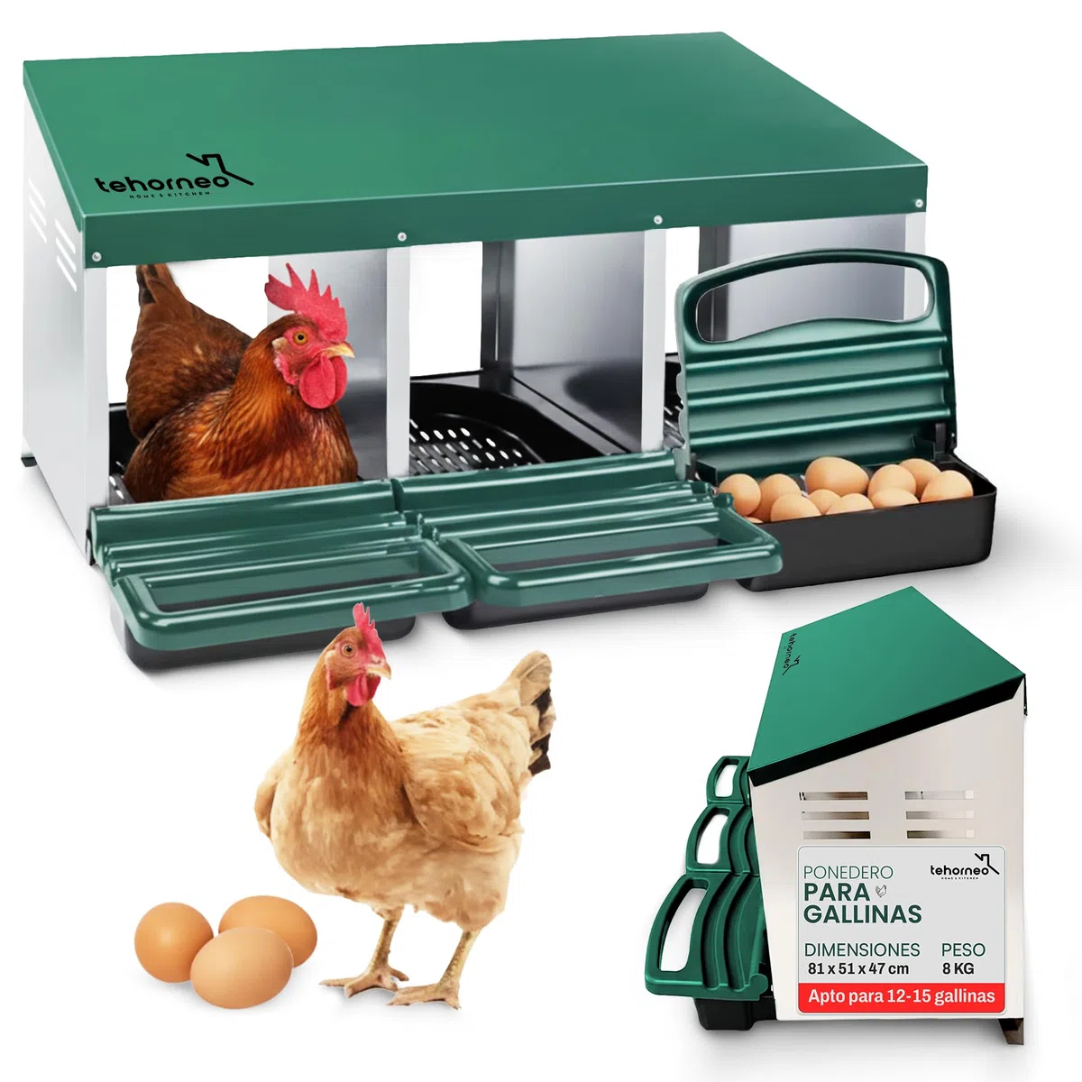 TEHORNEO Nido per Galline, Nido per Galline Ovaiole 81x51x47 cm Acciaio Zincato e 3 Scomparti, Cassetta per Deporre Uova Pollaio, Nidi per Galline Ovaiole, Adatto per 12-15 Polli