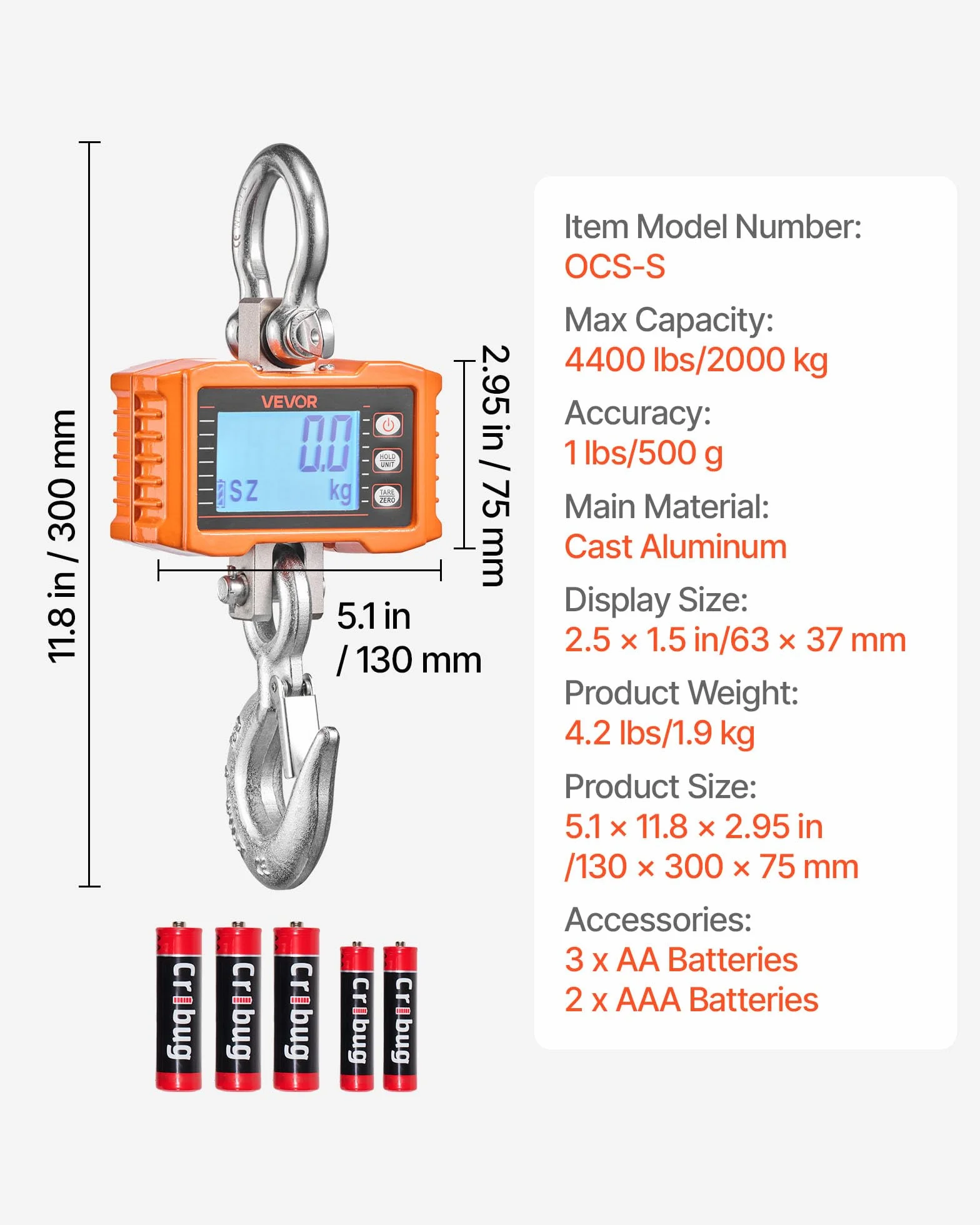 VEVOR Bilancia da Gru 2000 kg, Bilancia Industriale Sospesa per Impieghi Gravosi, Cassa in Alluminio Pressofuso, Display LCD, Divisione 500 g