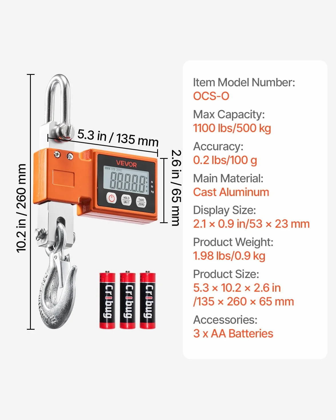 VEVOR Bilancia Elettronica per Gru 500 kg, Bilancia Industriale Sospesa, Alluminio Pressofuso, LCD, 100 g