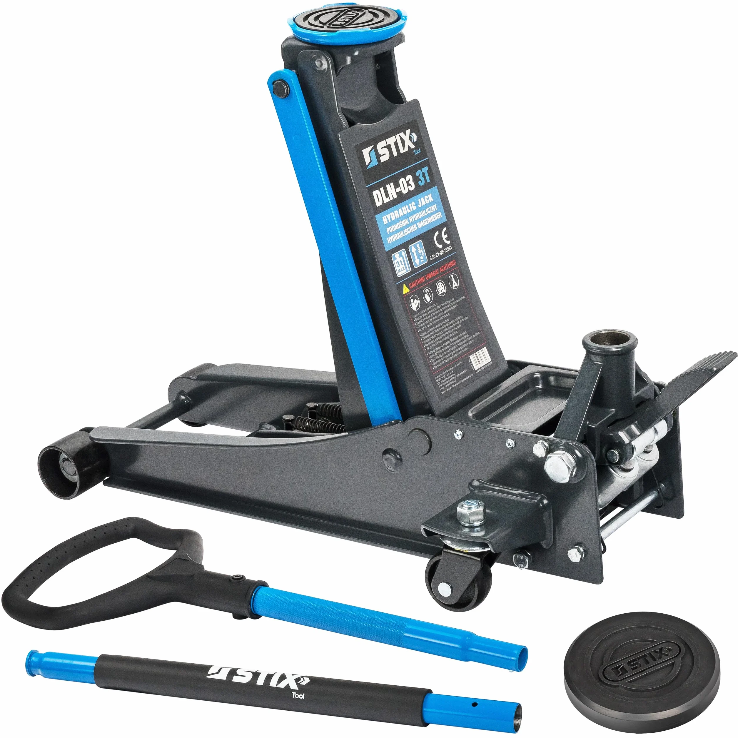 STIX Cric idraulico 3T – altezza di assorbimento bassa 75 mm – Cric idraulico extra piatto – altezza di sollevamento 505 mm – doppia pompa, ideale per officina e garage