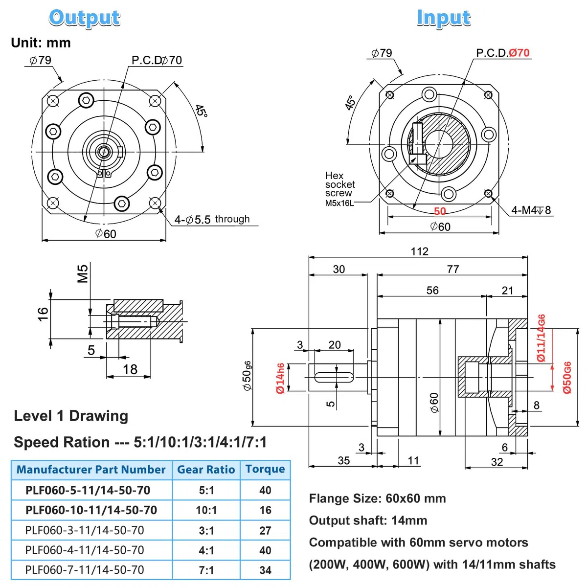 Rapporto di trasmissione 10:1 Riduttore cambio planetario ad alta precisione 4000 giri/min Contraccolpo 7 arc-min per albero da 14mm/11mm Motore servo 200W 400W 60mm per router CNC, tornio da banco