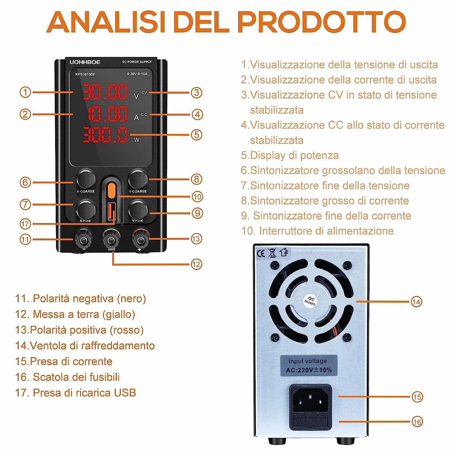 UOHHBOE Alimentatore da Labotorio Alimentatore Stabilizzato Banco 30V 10A Alimentatore DC Regolabile con 4 Cifre Display LED, Regolazioni Grossolane e Fini, Ricarica 5V/2A USB Linea di Prova