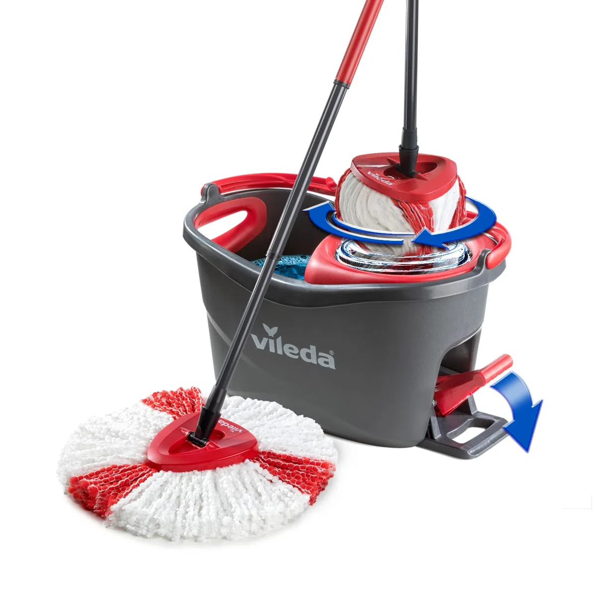 Vileda Turbo Sistema lavapavimenti rotante con secchio e pedale, Manico telescopico, Lavapavimenti con strizzatura a centrifuga, 3 Fiocchi 2in1 Microfibra rossa e bianca, +20% raccolta di sporco