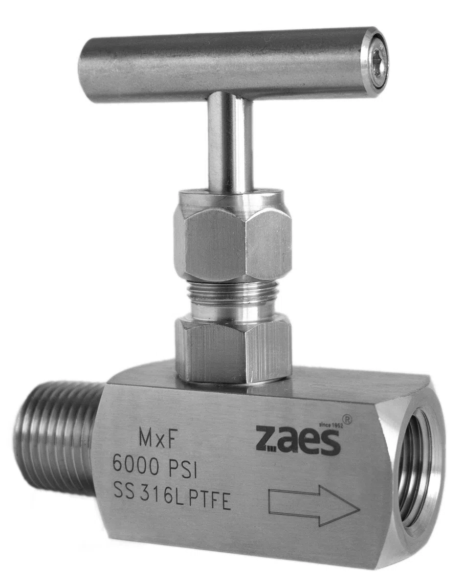ZAES - Valvola a spillo 1/2 "BSP Maschio - Femmina Acciaio Inox AISI 316L PTFE 6000 PSI (413 Bar) alta pressione, valvola di intercettazione con filettatura interna, valvola di regolazione
