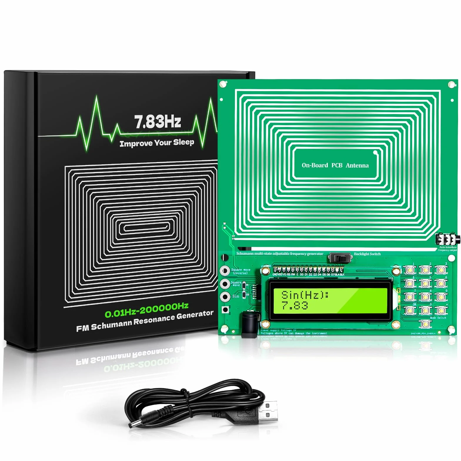 Generatore di Frequenza Terrestre - 7,83 Hz Regolabile (0,1 Hz fino a 200 kHz) con Display e USB - Risonanza Terrestre Portabile, Migliore Sonno, Rilassamento a Casa e in Ufficio
