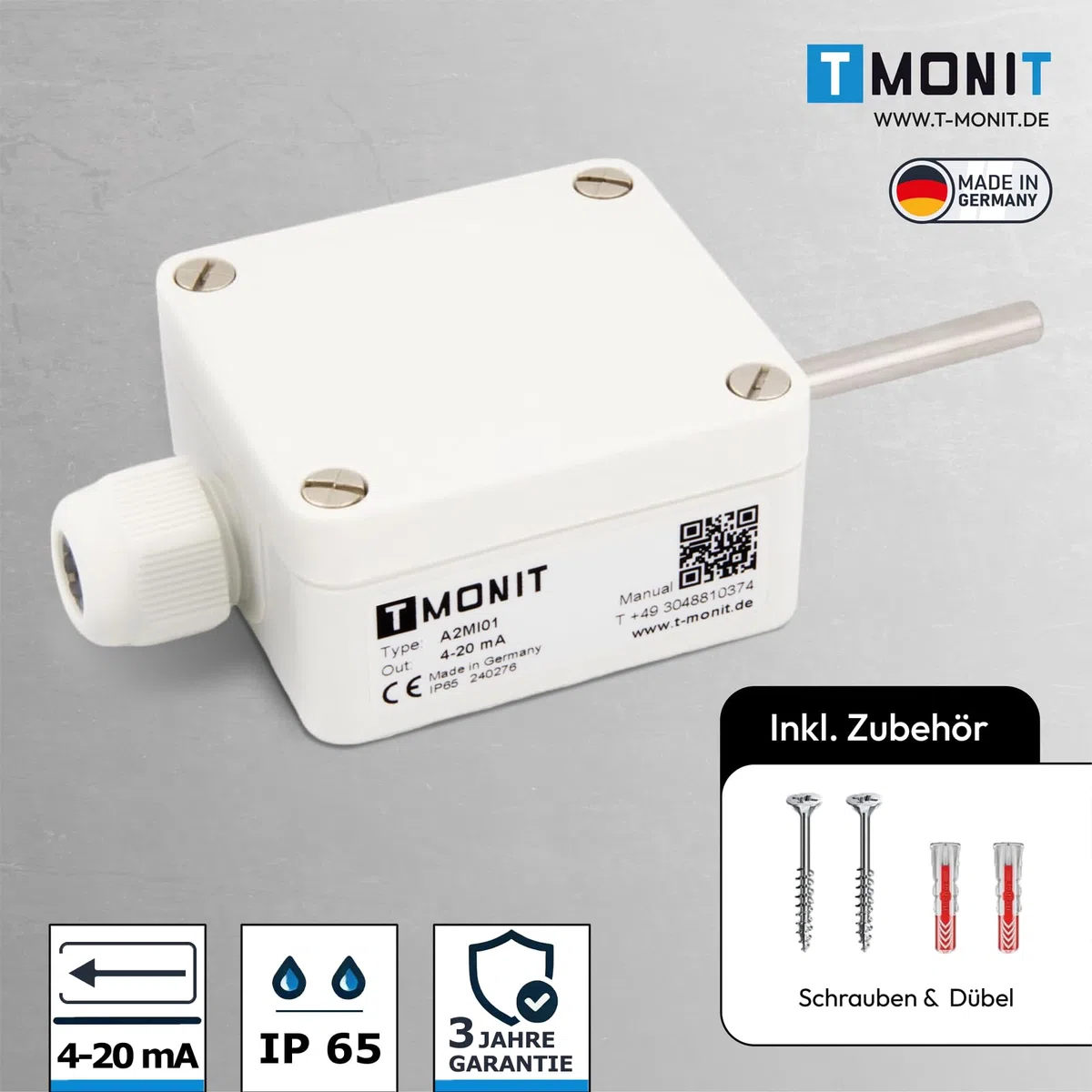 Trasmettitore di temperatura esterna rapido con sensore PT1000, attivo, 4-20mA, NE43, IP65