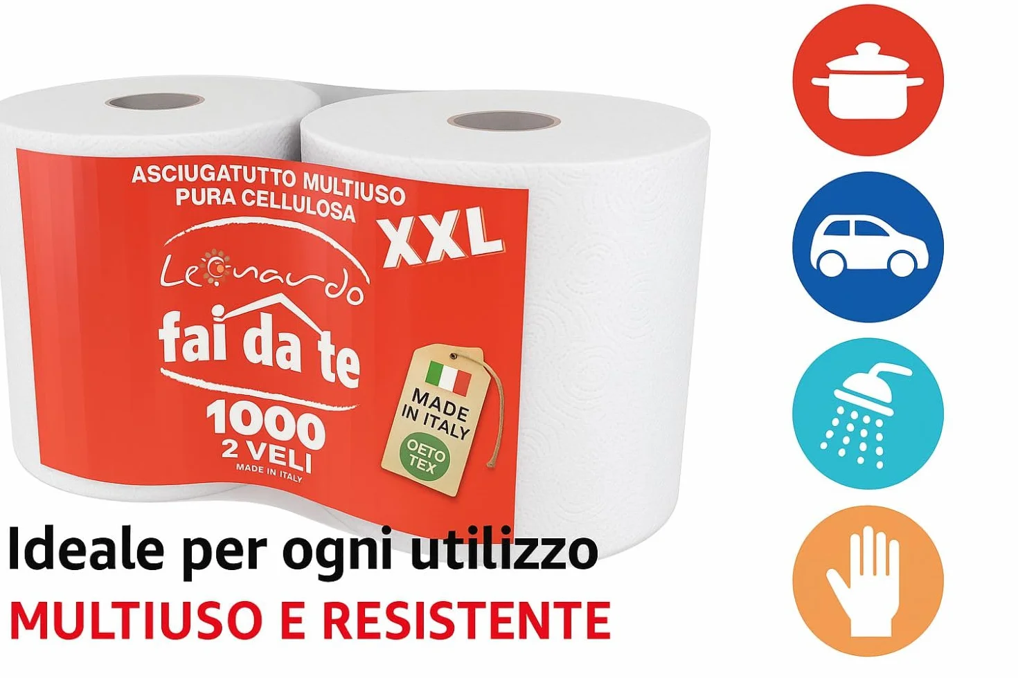Leonardo Rotoloni Asciugatutto 1000 Strappi 2 Veli Pura Cellulosa Uso Alimentare Casalingo Industriale