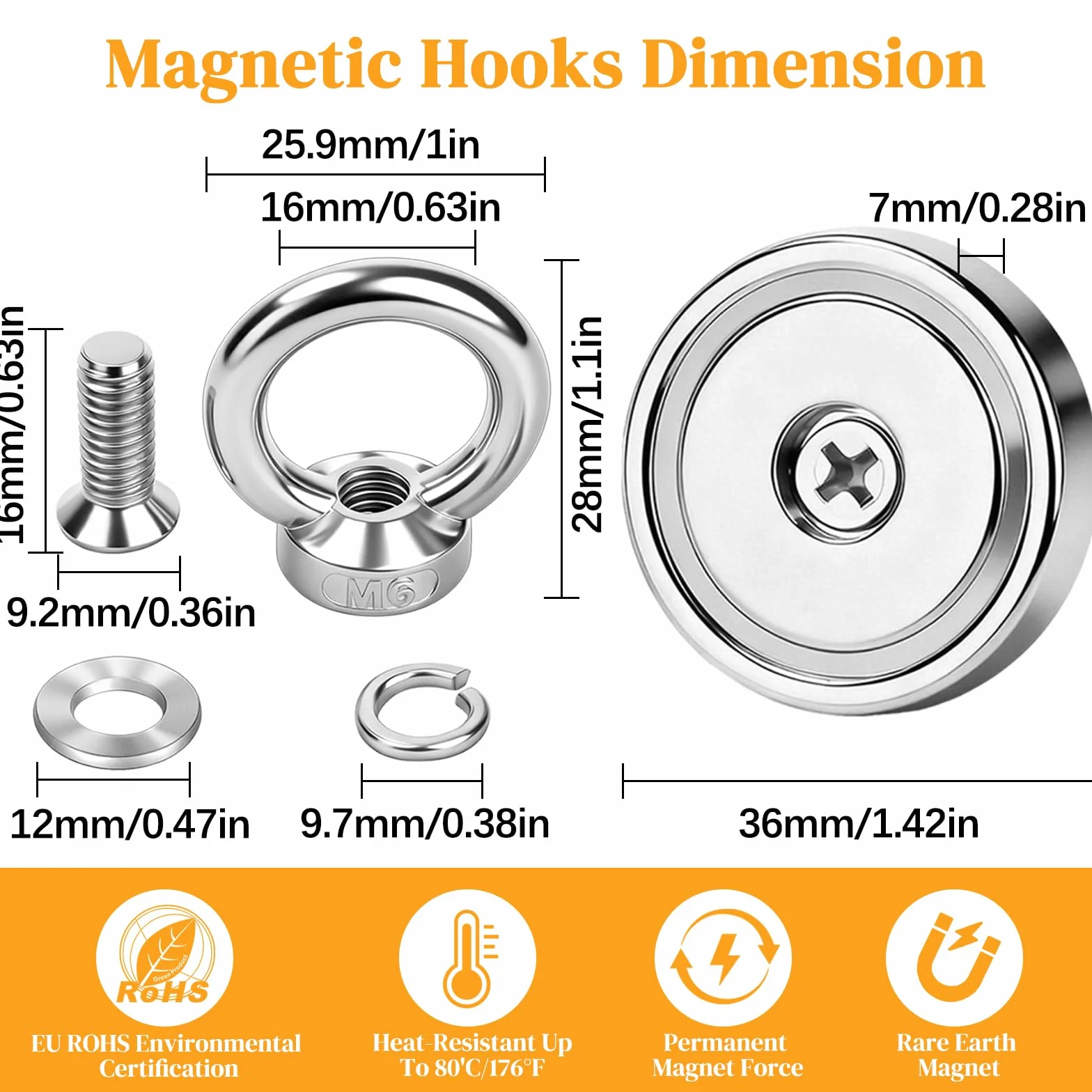 MIN CI Magneti forti da 36 mm, 12 ganci magnetici extra forti 55 kg (121 lb), forza adesiva al neodimio, magnete per pesca magnetica con occhiello, gancio magnetico, forte magnete per campeggio