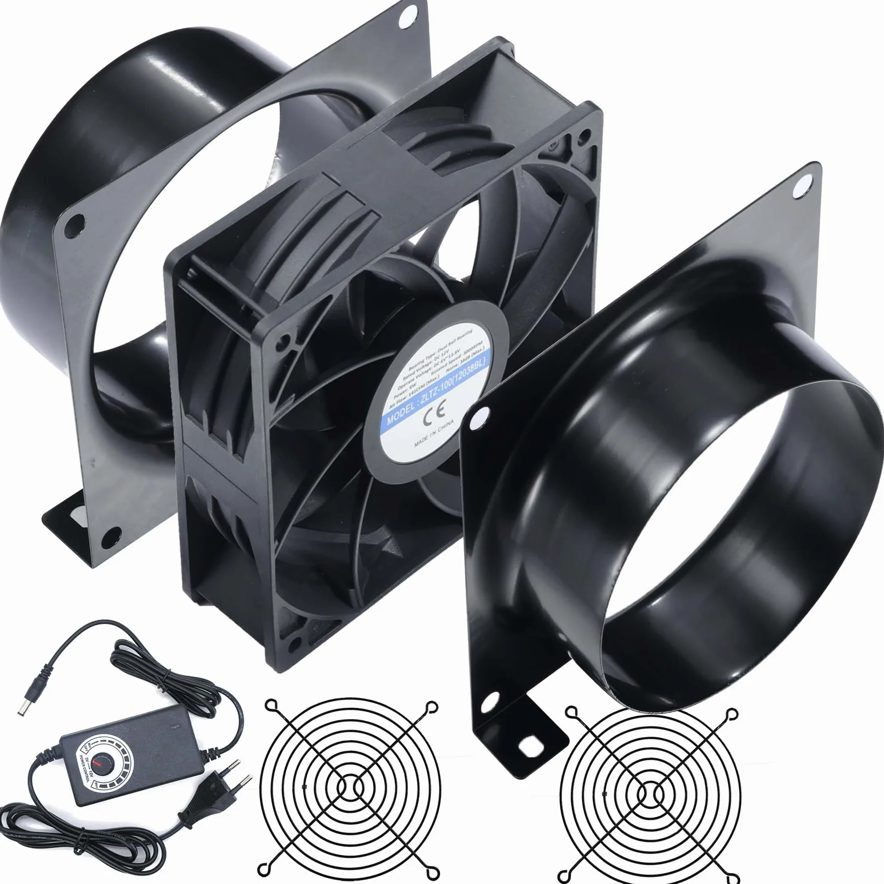 Ventilatore Assiale, 3000RPM 120 * 38mm DC Ventola di Scarico con Adattatore CA/CC, Dimmer Continuo per Laser 3D, Cabina di Verniciatura, Tenda da Coltivazione, Progetto fai da te… (Kit Spina EU Nera)