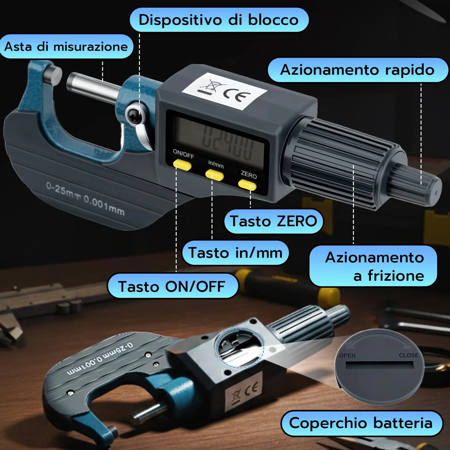 Micrometro Digitale 0-25mm Calibro Micrometrico Esterno Display LCD Risoluzione 0,001mm Conversione Metrica/Pollici