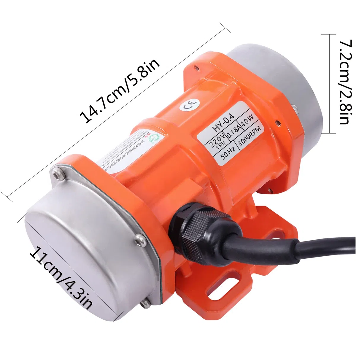 Motore vibrante da 40 W, 220 V, in lega di alluminio, con guarnizione impermeabile e guaina del cavo di alimentazione, 3000 rpm, arancione, 14,7 x 11 x 7,2 cm