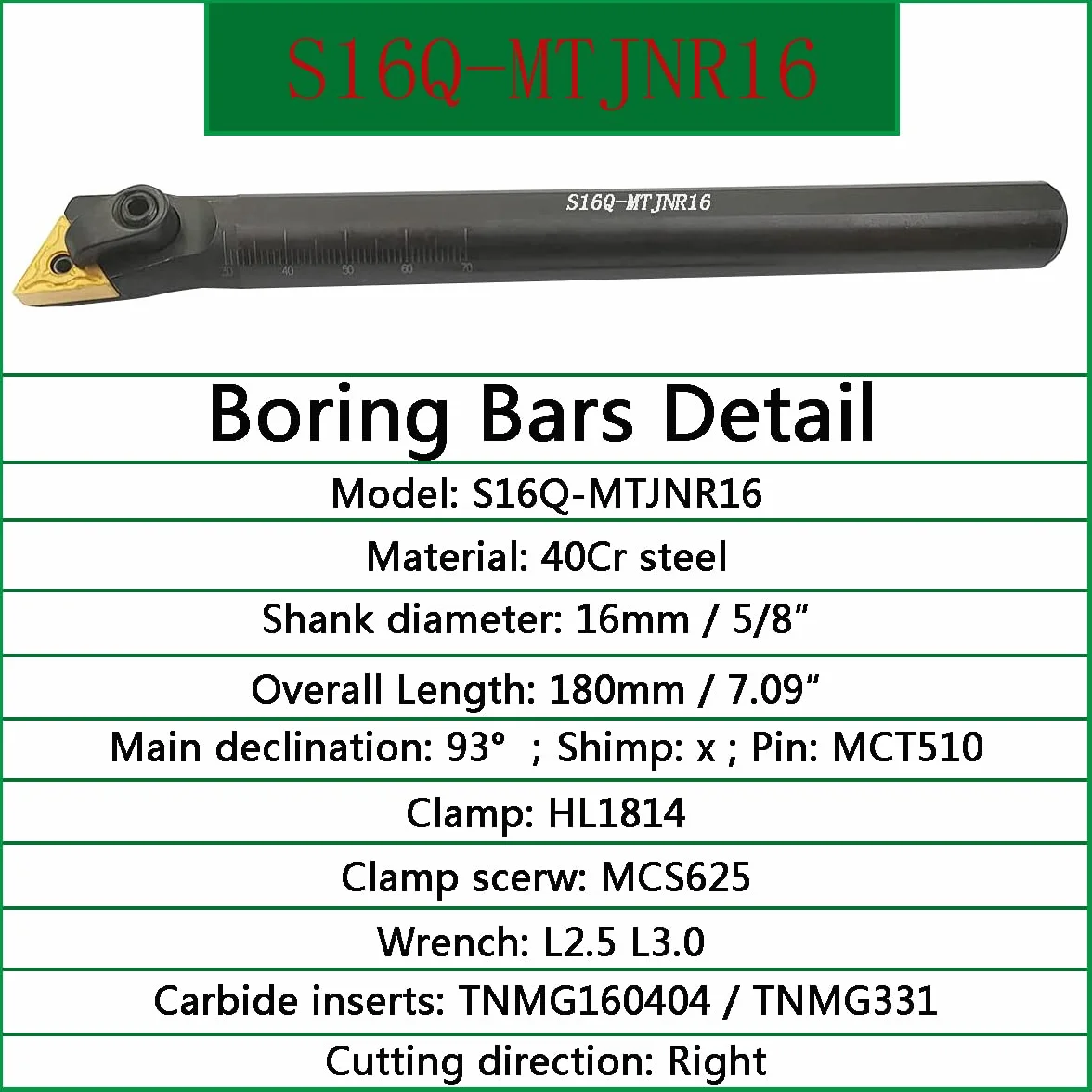 5/8 "Tornio Excircle carburo supporto utensile per tornitura MTJNR1616H16 + tornio in barra di alesatura interna S16Q-MTJNR16 + inserti di tornitura in carburo indicizzabile TNMG331(TNMG160404)