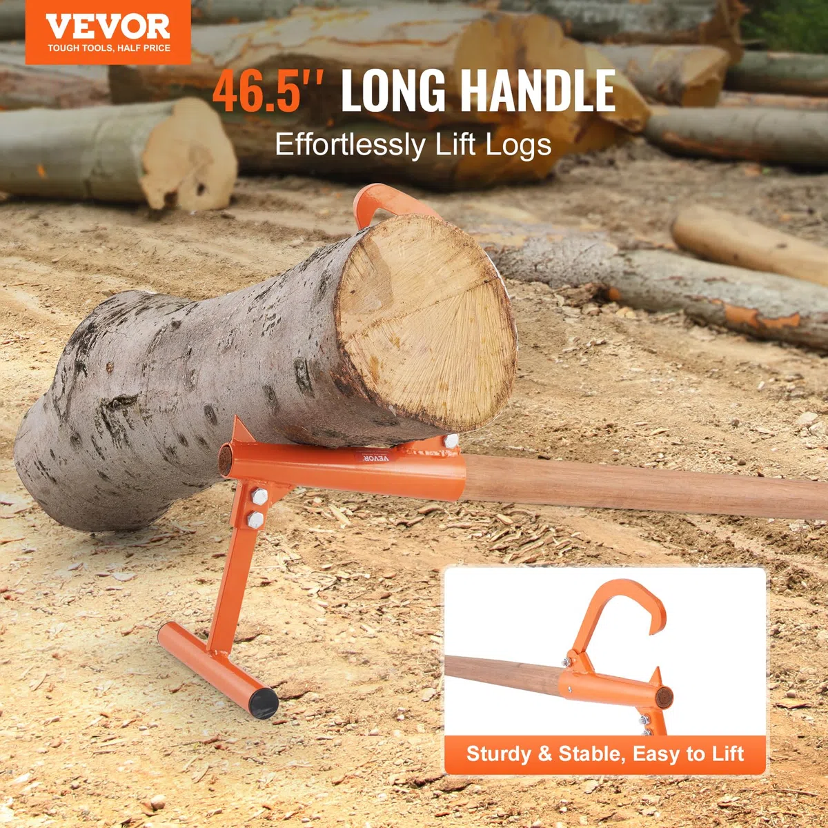 VEVOR Cric per Tronchi, Lunghezza 1180 mm Sollevatore per Tronchi per Impieghi Gravosi con Manico in Legno, Rullo per Tronchi con Gancio Regolabile, Attrezzi per Registrazione, Diametro Fino a 381 mm