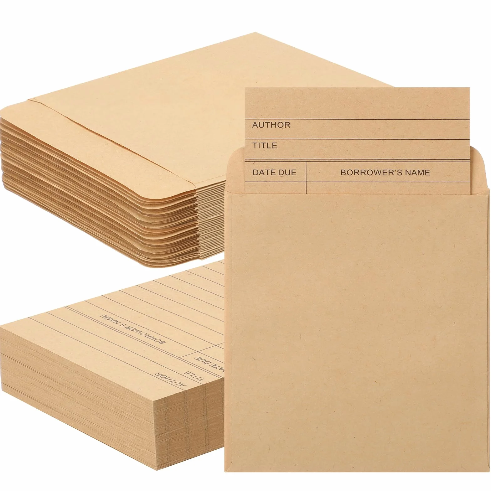 Fainne 100 tasche per biglietti da biblioteca con buste, autoadesive, per libri, biblioteca, pagamenti, CD, DVD, scuola, aula e ufficio, etichette regalo (marrone)