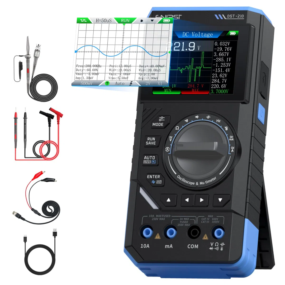 FNIRSI DST-210 Oscilloscope Portable, Bande Passante 10MHz, 19999 Points, Oscilloscope Numérique, Multimètre, Générateur DDS 3 en 1, Fréquence D'échantillonnage 48Méch./s, Test de Tension CA/CC